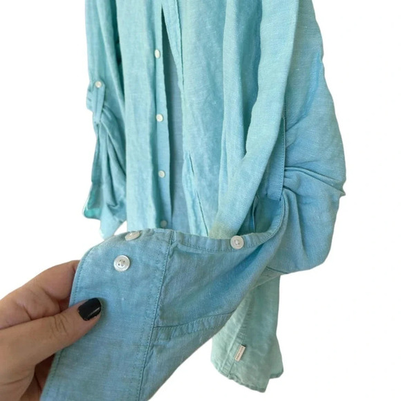 Perry Ellis Men's Roll Sleeve Linen Cotton Button-Down Shirt Aqua Sea Size XXL - Picture 7 of 10